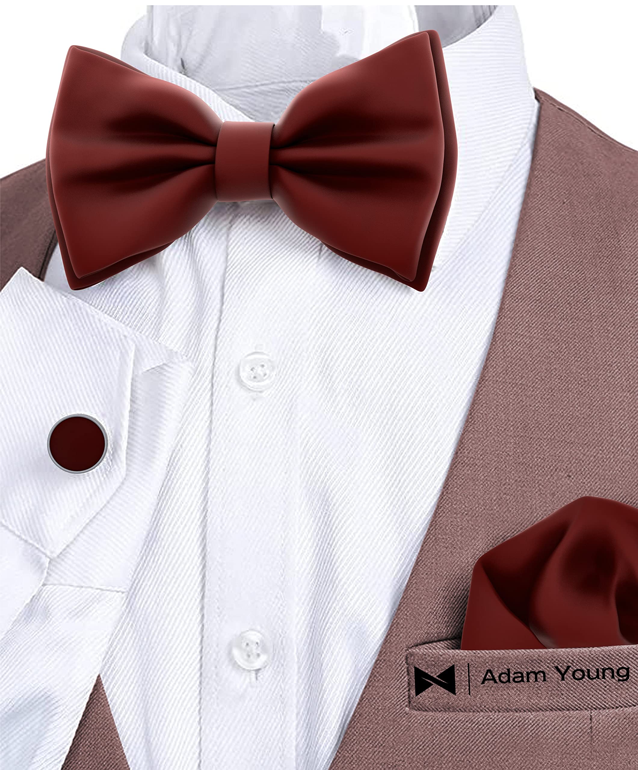Adam Young Men's Bow Ties with Handkerchief & Cufflinks Pre-Tied Style Formal Satin Classic Bowtie for Tuxedo Faux Silk - Image 4