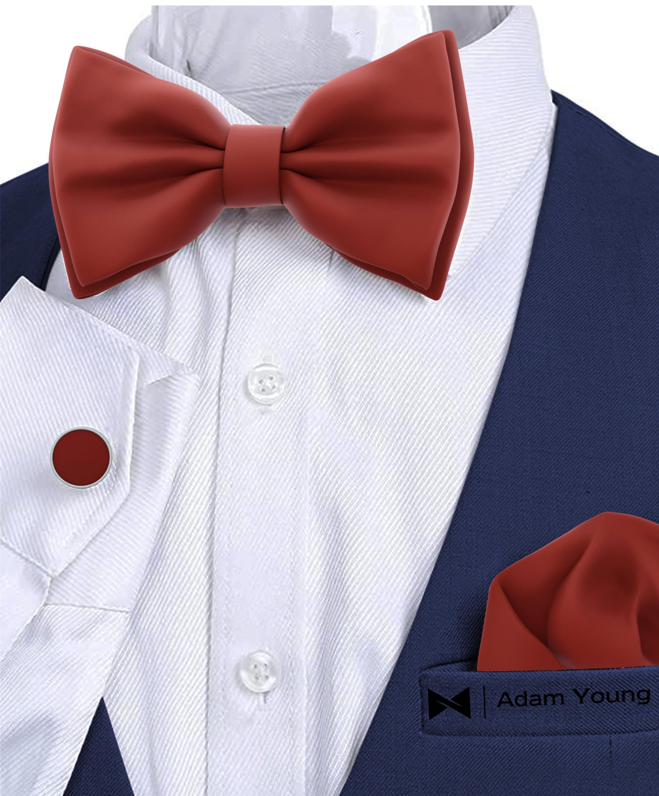 Adam Young Men's Bow Ties with Handkerchief & Cufflinks Pre-Tied Style Formal Satin Classic Bowtie for Tuxedo Faux Silk - Image 4