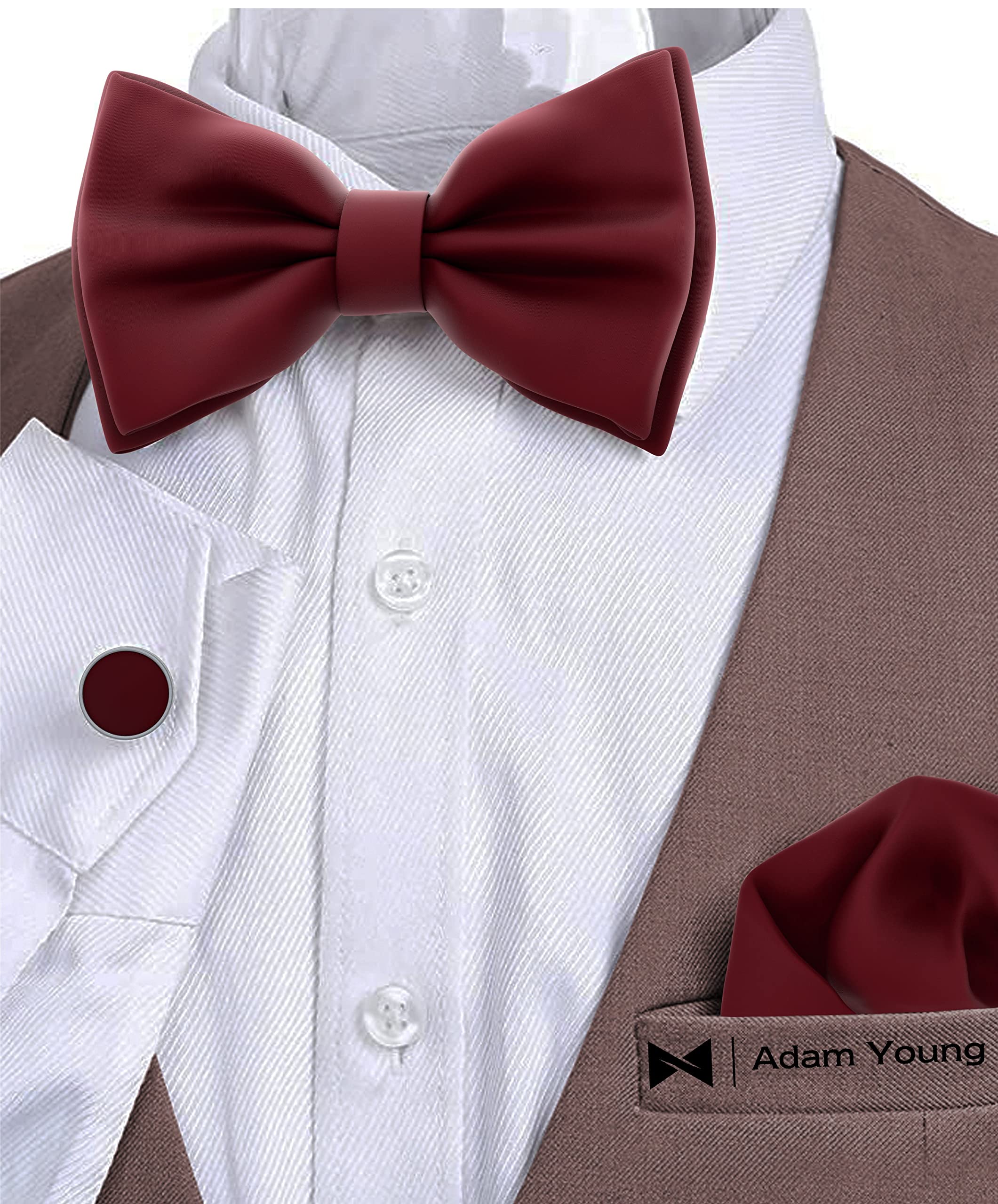 Adam Young Men's Bow Ties with Handkerchief & Cufflinks Pre-Tied Style Formal Satin Classic Bowtie for Tuxedo Faux Silk - Image 4