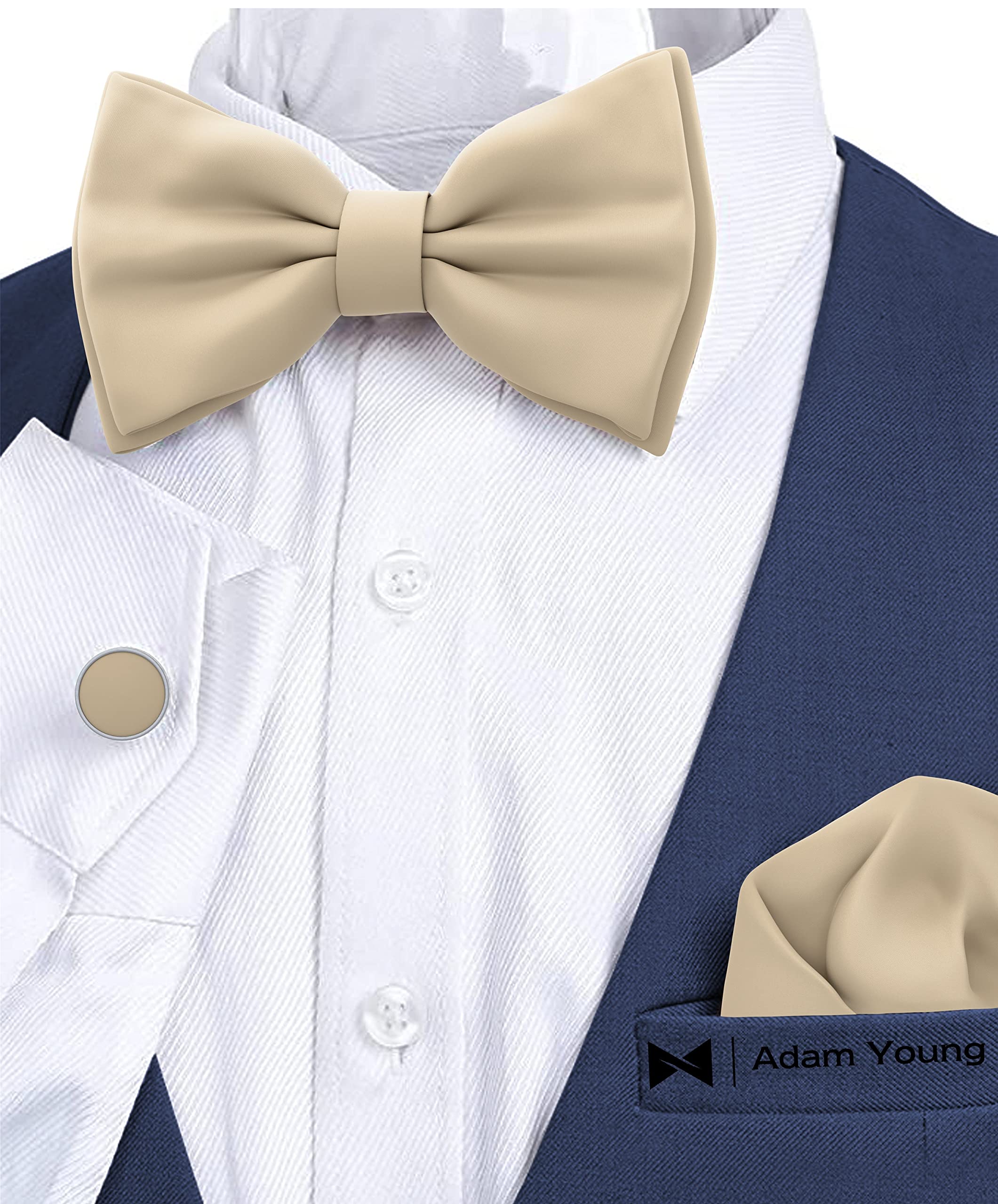 Adam Young Men's Bow Ties with Handkerchief & Cufflinks Pre-Tied Style Formal Satin Classic Bowtie for Tuxedo Faux Silk - Image 4