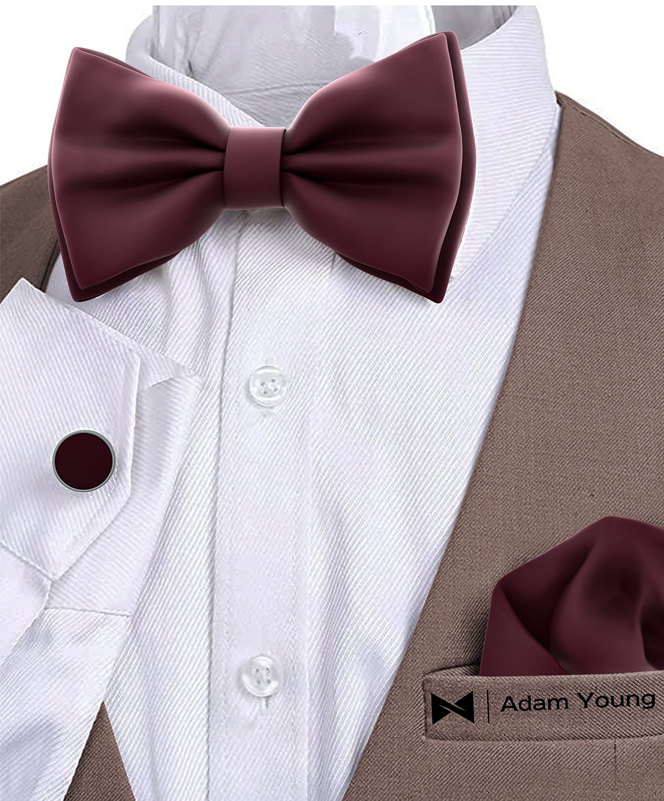 Adam Young Men's Bow Ties with Handkerchief & Cufflinks Pre-Tied Style Formal Satin Classic Bowtie for Tuxedo Faux Silk - Image 4