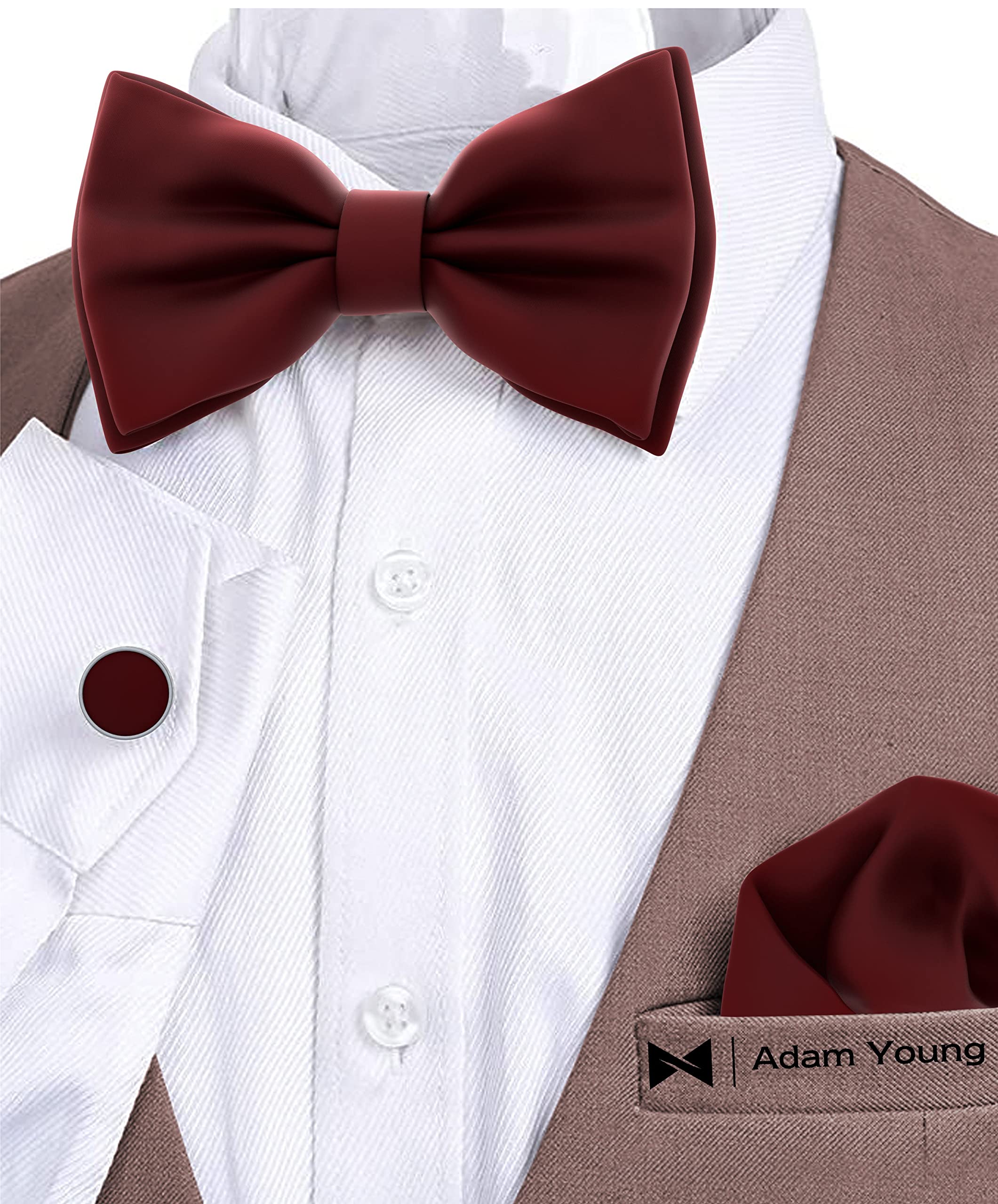 Adam Young Men's Bow Ties with Handkerchief & Cufflinks Pre-Tied Style Formal Satin Classic Bowtie for Tuxedo Faux Silk - Image 4