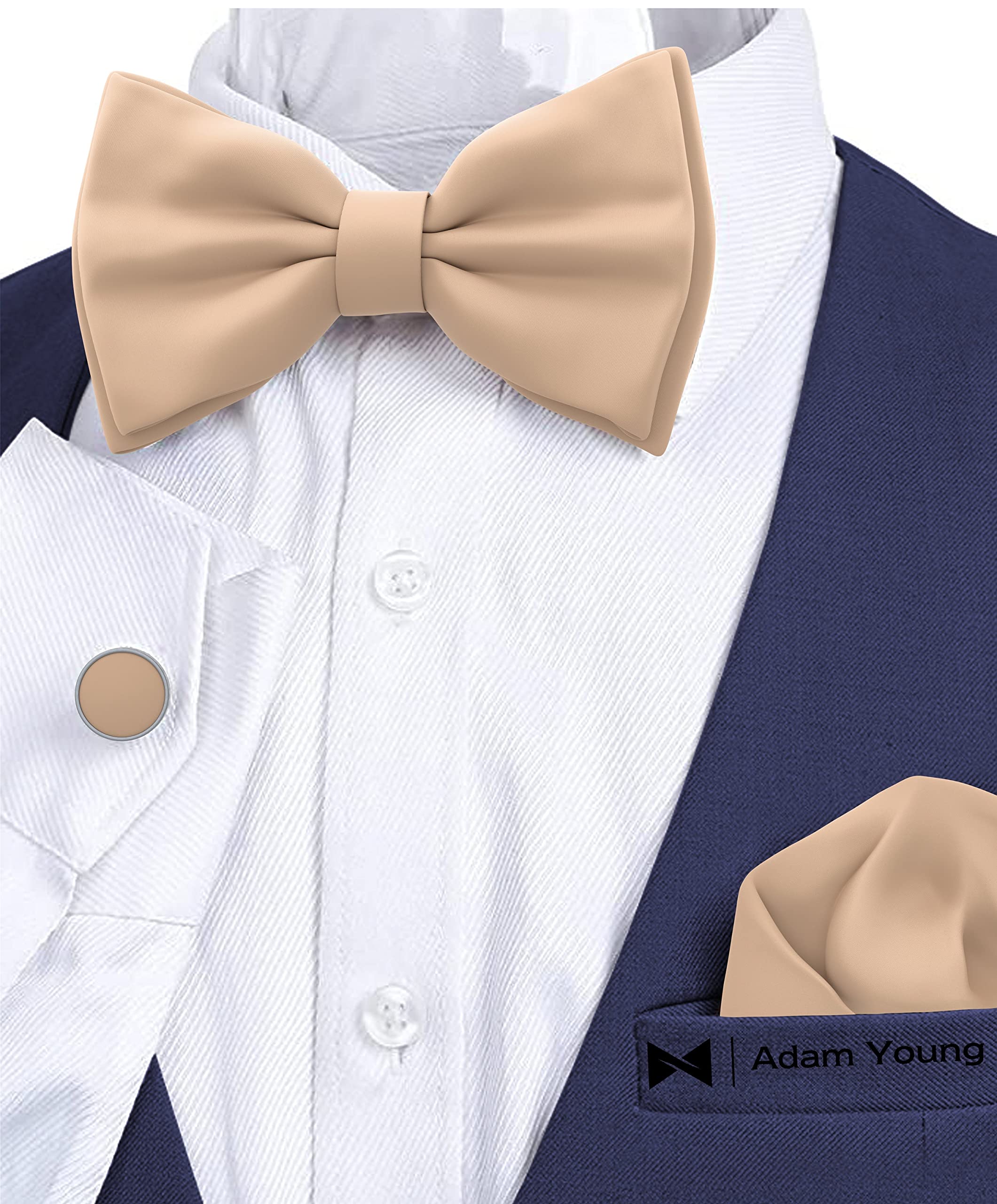 Adam Young Men's Bow Ties with Handkerchief & Cufflinks Pre-Tied Style Formal Satin Classic Bowtie for Tuxedo Faux Silk - Image 4