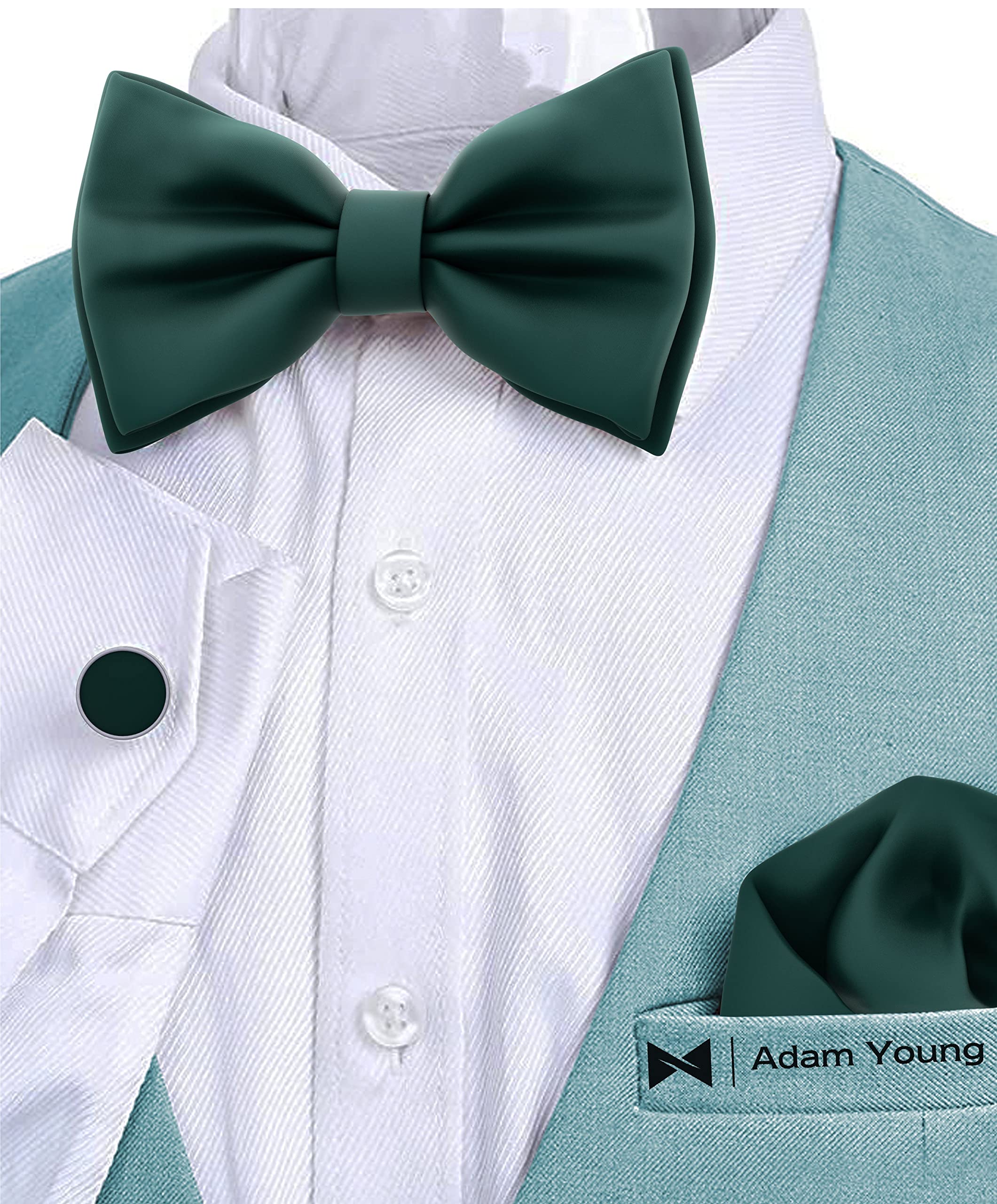 Adam Young Men's Bow Ties with Handkerchief & Cufflinks Pre-Tied Style Formal Satin Classic Bowtie for Tuxedo Faux Silk - Image 4